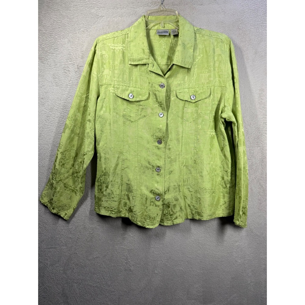 Chico's Button Down Shirt Women L Green Linen Silk Blend Jacquard Art to Wear